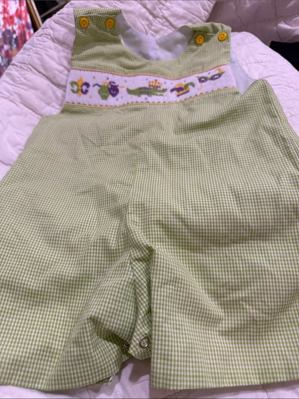 Light Green Gingham Kids Pajama Bottoms with Yellow Button Detail